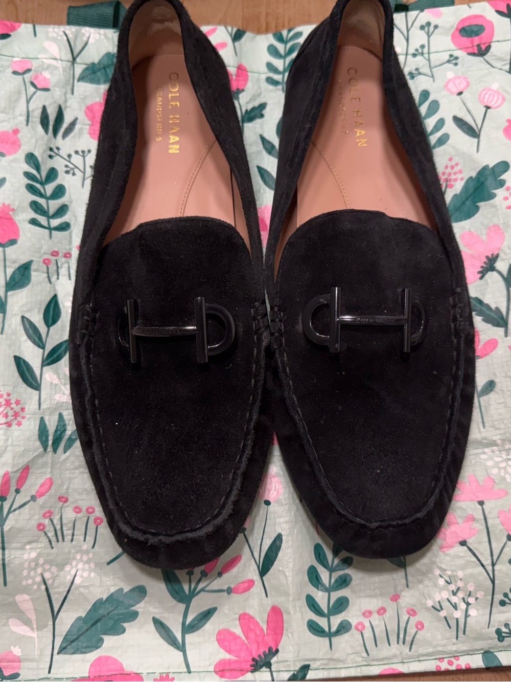 Cole Haan Black Suede Slip-On Loafers with Nude Leather Insole
